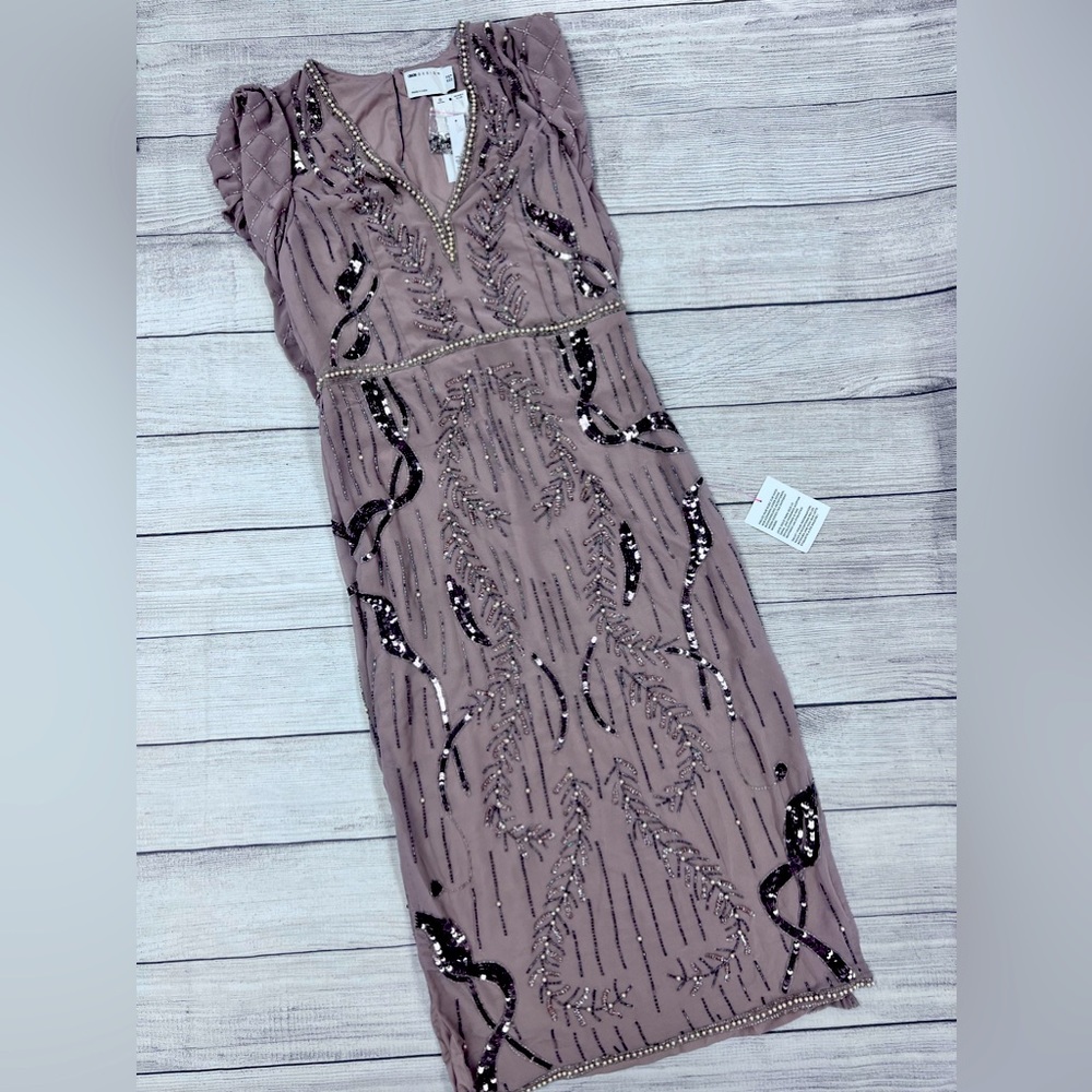 NWT ASOS Beaded Sleeveless Sequined Midi Ball Gown Side Slits Open Back Size 8